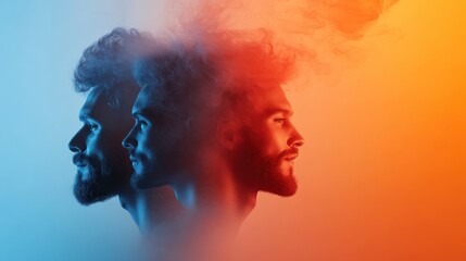 An artistic representation of three profiles, blending vibrant colors and smoke effects, symbolizing the complexity of human identity and emotional depth.