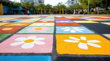 Colorful Playground Paving with Floral Designs in Urban Setting