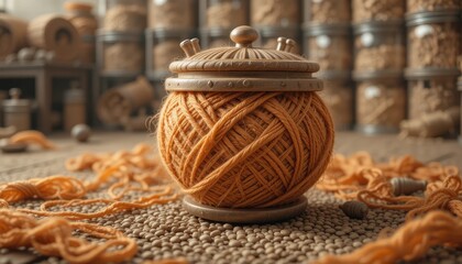 Orange Yarn Ball in Wooden Yarn Holder on a Table with Loose Threads Cozy Craft Supplies