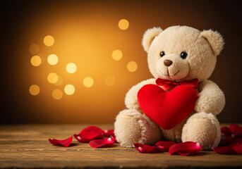 Obraz premium Teddy Bear Holding Heart with Rose Petals Romantic Valentine's Gift