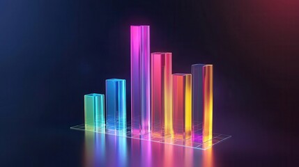Glass hologram bar chart or diagram 3d icon for digital presentation of statistic and analytics data. Crystal gradient graph with growth line for report, finance or business analysis. 