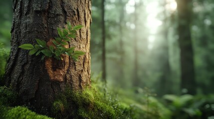 Obraz premium This captivating image portrays a vibrant tree thriving in a lush forest, representing growth, renewal, and the power of nature's resilience in a tranquil setting.