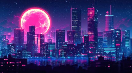 Futuristic Cityscape at Night with Pink Moon Pixel Art Illustration