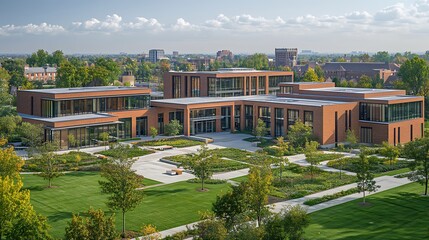 Aerial View of Modern Brick Campus Building with Lush Landscaping
