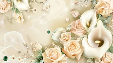 A romantic and elegant floral design featuring cream-colored roses and calla lilies, with delicate pearls and green gems scattered amongst the flowers.