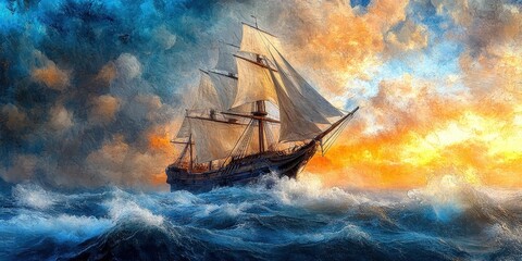 A vivid oil painting captures a ship amidst a tempestuous sea, with sails billowing dramatically....