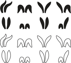 Rabbit Ears icons set black flat, outline styles. Perfect for Easter, whimsical designs, playful springtime graphic and cute bunny accessories vectors illustration isolated on transparent background.