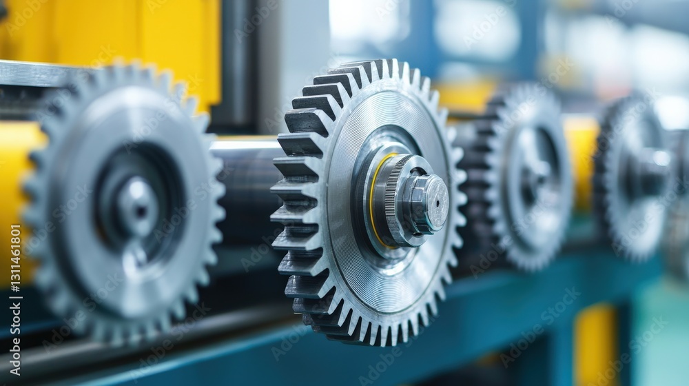 Poster maintenance technical efficiency mechanical concept. close-up of gears in a manufacturing setup.