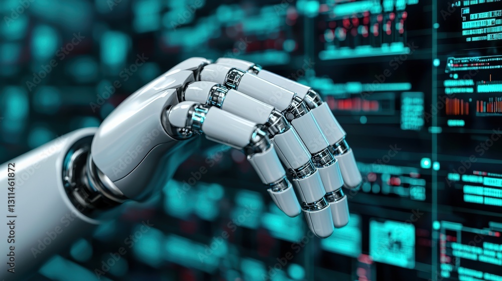 Poster maintenance technical efficiency mechanical concept. robotic hand against a digital data background.