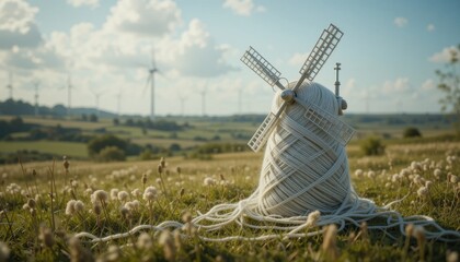 Yarn Ball Shaped as Windmill in Green Field with Wind Turbines in Background