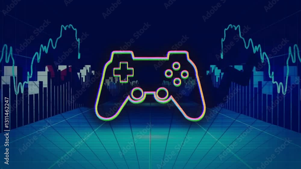 Poster animation of neon game controller over digital landscape with soundwave patterns