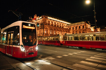 Opera House and Trams in Vienna in the Evening