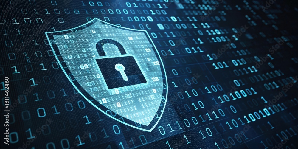 Poster a digital shield with a padlock symbolizes cybersecurity, protecting data amidst a backdrop of binar