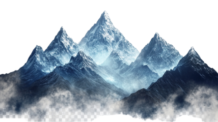 "Majestic mountains with sharp, snow-covered summits, isolated on a transparent background.