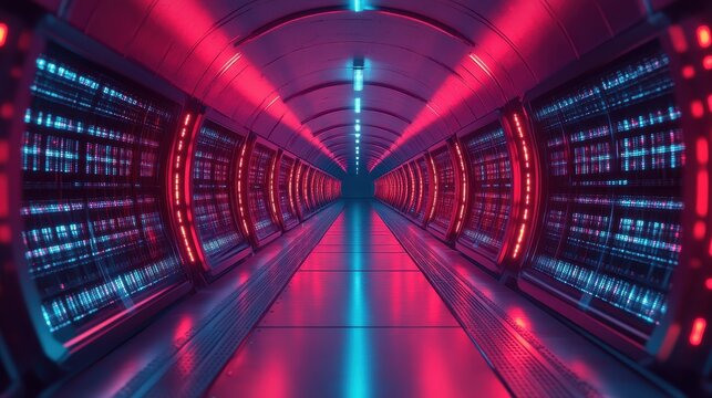 Futuristic Red And Blue Lit Server Room Corridor