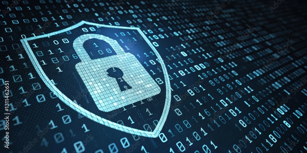 Poster a digital shield with a padlock symbolizes cybersecurity against data breaches, surrounded by binary