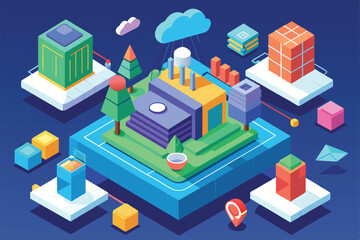 A vibrant isometric illustration highlights customizable projections featuring buildings and trees in a dynamic layout, Projections Customizable Isometric Illustration