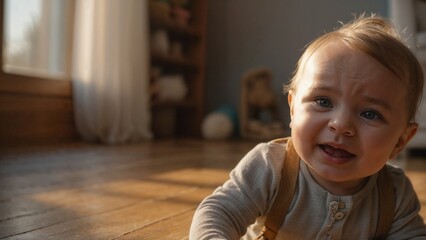 Portrait of a smiling little boy sitting on the floor, radiating joy and innocence