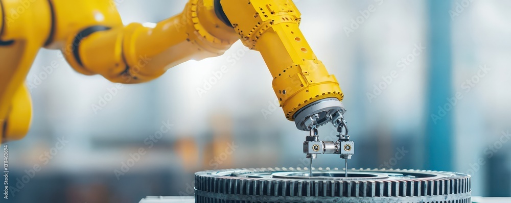 Poster maintenance technical efficiency mechanical concept. robotic arm assembling mechanical parts in a mo