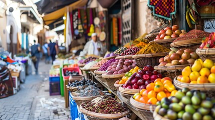 Fototapeta premium A bustling market in a small town, filled with colorful fabrics and fresh produce.