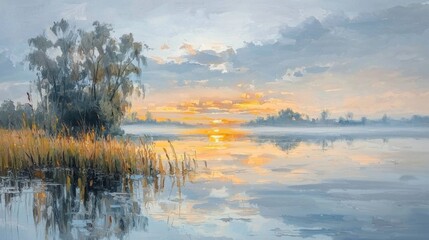 Fototapeta premium The harmony of nature: sunset and lake reflection.