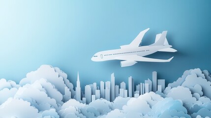 Fototapeta premium Paper Cut Airplane Flying Above Cloudy Cityscape