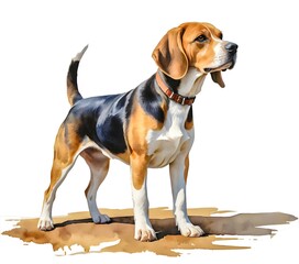 A charming watercolor painting of a Beagle dog ..The artwork showcases the dog s expressive eyes and unique tri color coat