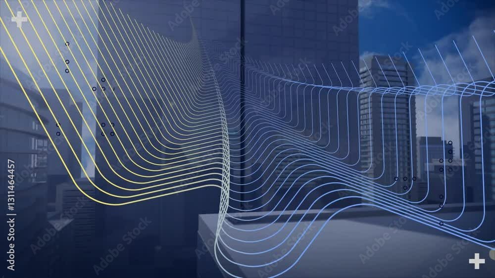 Poster urban cityscape with flowing lines and geometric patterns in animation style
