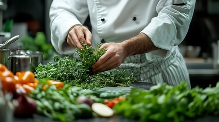 Chef Preparing Fresh Green Vegetables in Restaurant Kitchen