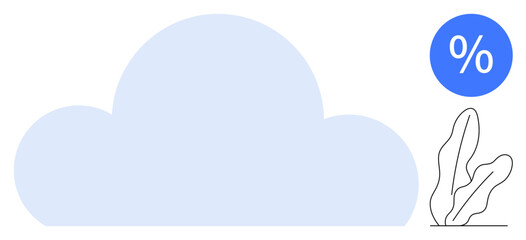 Blue cloud in soft shape paired with percentage icon and linear plant detail. Ideal for technology, data analytics, cloud storage, finance, sustainability, growth, innovation. Flat simple metaphor