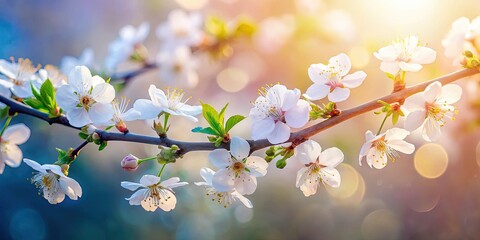 Obraz premium Serene white flowers; a peaceful spring scene. Delicate branch, ethereal image.