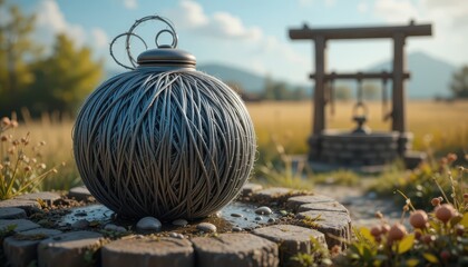 Metal Wire Ball Sculpture in Rural Setting near Old Well