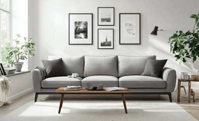 Modern living room with grey sofa, coffee table, and framed art.