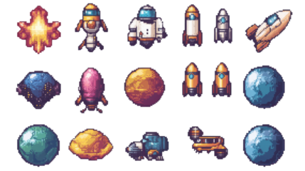 8bit pixel art game asset collection featuring isolated on white background