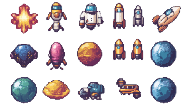 8bit pixel art game asset collection featuring isolated on white background