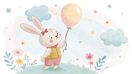 Obraz premium A cute rabbit holds a balloon amidst colorful flowers and clouds, creating a whimsical, cheerful scene perfect for children's art.