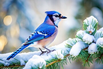 Snowy pine branch, a bold blue jay's winter portrait; wildlife photography at its finest.