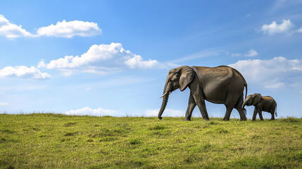 Fototapeta premium Elephants walking on grassy field under blue sky with clouds