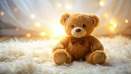 Soft toy photography perfection: a cute teddy bear floats against a white background, a whimsical drone shot capturing its plush charm.