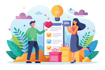 A couple engages in a creative proposal discussion surrounded by gifts and a lightbulb representing inspiration, Proposal Customizable Flat Illustration