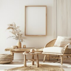 Minimalist living room interior with a wicker armchair. wooden coffee table. and a large empty frame on the wall