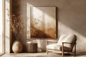 Modern nomadic home decor featuring warm beige tones. 