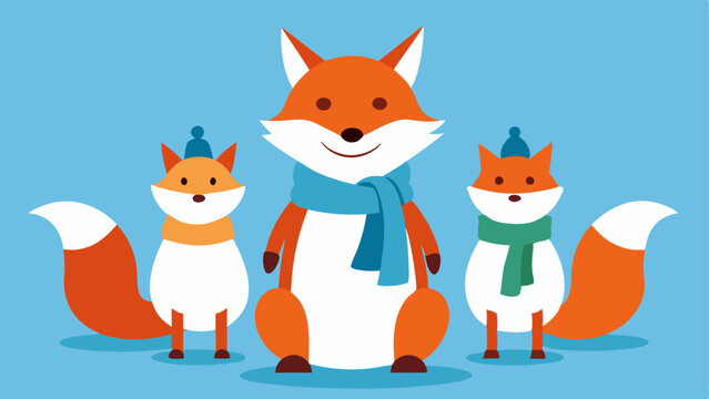 Victory Pose After completing their snowman a group of five foxes gathers around their snowy creation striking a victory pose. They each wear unique vibrant scarves and have big