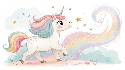 Fototapeta premium A whimsical unicorn with a colorful mane prances through a dreamy landscape, surrounded by stars and a vibrant rainbow.