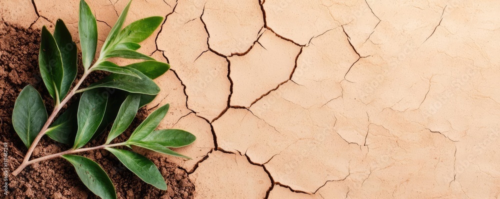 Poster climate change drought idea. a leaf sprouting from cracked soil, symbolizing resilience and environm