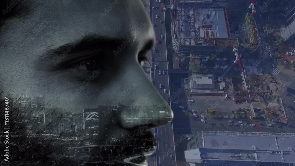 Poster blending animation, man's face with cityscape and busy roads in background