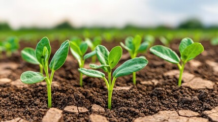 Climate Change drought concept. Close-up of young green plants emerging from rich soil, symbolizing growth and nature.