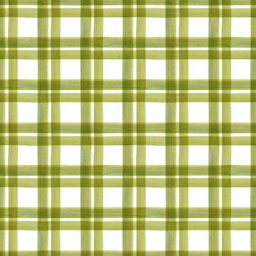 Fototapeta Hand painted illustration watercolor Olive green stripes on white background. Checkered seamless pattern. Plaid material. For fabric, sketchbook, wallpaper, wrapping paper, bags, cards, banner, cotton