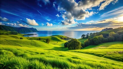 Obraz premium Stunning nature photography: serene meadow bathed in sunlight, azure sky above vibrant green grass.
