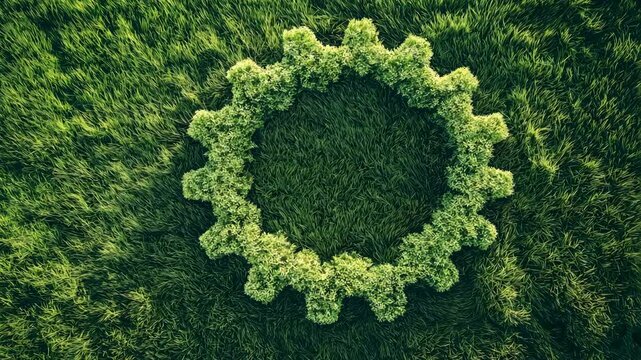 Green gear mark made from leaves on green field. Gear represents environmentally friendly production and ethical policy. Business green transformation and zero carbon emission policy. Video
